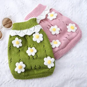 Cute daisy knit pet sweater for cats and small dogs, warm autumn winter two-legged apparel.