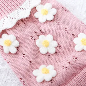 Cute pink pet cat sweater with white lace collar and 3d floral knit design for autumn and winter warmth