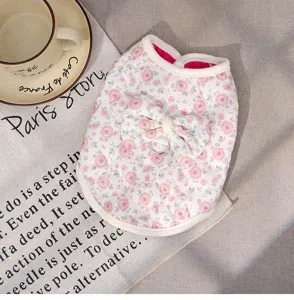Cute floral padded pet vest with bow and D-ring, warm winter dog clothes for small breeds.