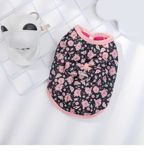 Floral pet cotton vest for small dogs cute puppy winter warm clothes with bow and d-ring.