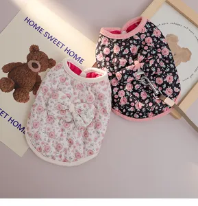 Floral pet cotton vest for small dogs, warm winter puppy clothes with cute bow and leash.