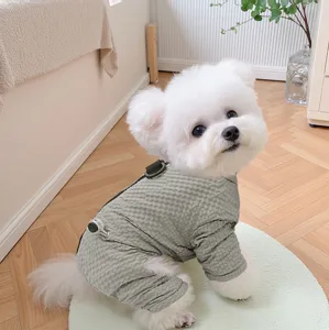 Warm fleece dog jumpsuit for small dogs winter autumn cozy pet clothes with traction ring grey