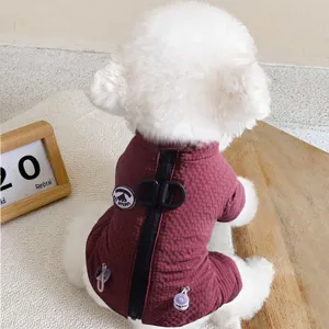 Thermal fleece-lined dog jumpsuit with back zipper and traction ring for small pets, cute winter coat.