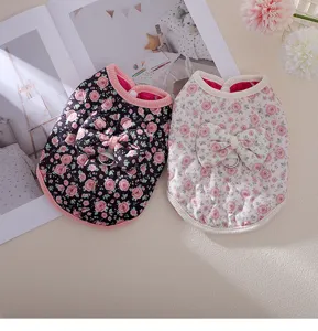 Warm floral pet vest for small dogs, cute bow design with leash ring, winter puppy clothes.