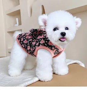 Detailed view of cute floral quilted pet vest for small dogs, warm winter dog clothes.