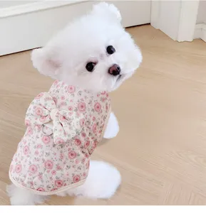 Cute floral pet cotton vest detail, warm winter dog clothes for small dogs with bow.