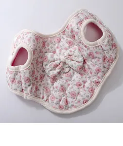 Quilted pink floral dog vest harness with bow for small pets, warm winter puppy clothes apparel.