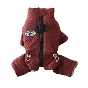 Warm winter dog coat for small dogs, fleece lined red four-leg pet apparel with leash ring