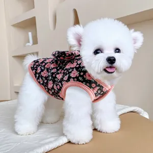 Small Dog Winter Warm Cotton Vest Cute Floral Fleece Lined Puppy Clothes With D-Ring Bowknot Pet Apparel