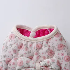 Cute floral pet cotton vest for small dogs, warm quilted puppy winter clothes with bow.