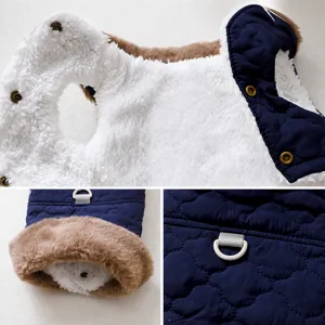 Detailed view of winter warm dog vest with plush fleece lining, fur collar and traction ring.