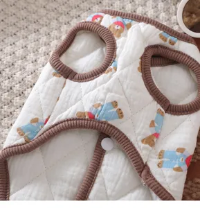Detailed view of thick pet vest for small dogs, cute bear print, warm quilted winter dog coat.