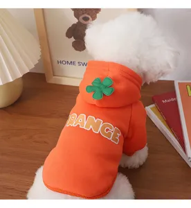 Detailed shot of orange pet hoodie with green clover on hood and letter print on back.