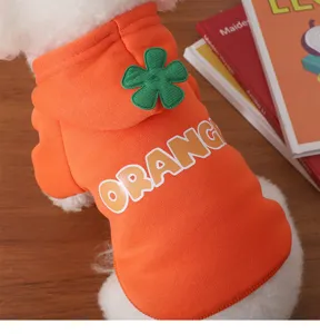 Cute fleece pet hoodie with green flower detail and letter print for cozy autumn winter daily wear.