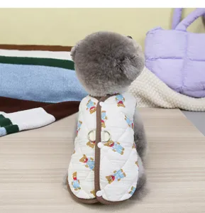Thickened warm pet dog vest, cute cartoon bear print, back-open design with double D-rings.