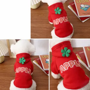 Cozy red fleece pet hoodie for cats and dogs, featuring a cute green flower and apple text.