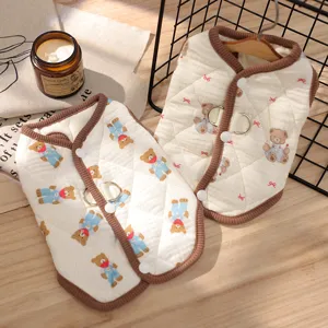 Thickened warm small dog vest with cute bear pattern, winter pet clothes for puppy, brown edge