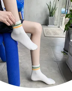Women's short white socks with green yellow stripes athletic casual cotton ankle socks daily wear