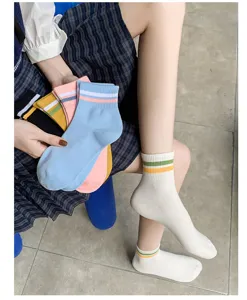 Details of women's striped short cotton socks, with classic double stripe design for casual wear.