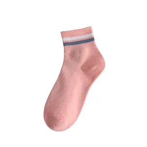 Women pink ankle socks with white blue stripes cute cotton short casual socks for spring