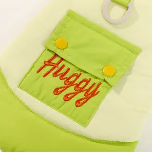 Detailed shot of dog vest, cute candy color pet winter clothing, warm puppy apparel with pocket.