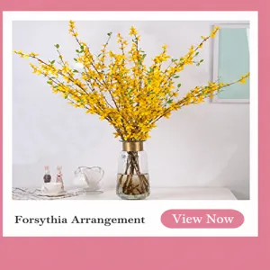 Künstliche Forsythien Blumen in Glasvase, gelbe Frühlings Deko für Tisch und Zuhause.