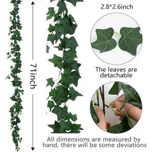 Vue détaillée de guirlande de lierre artificiel avec feuilles amovibles et dimensions.