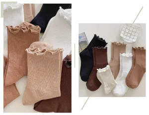 Women's stylish cotton ruffle mid-calf socks in cozy autumn winter neutral colorways