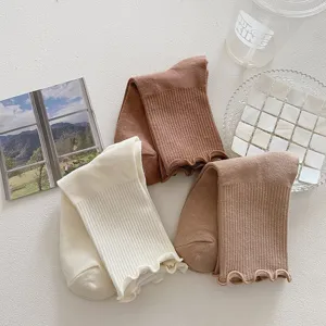 Women long socks cute ruffles stacking cotton knit mid-tube hosiery casual daily wear cozy