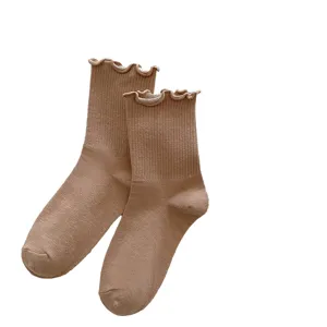 Brown ruffle mid-calf socks for women, cute cotton slouch college style hosiery daily wear.