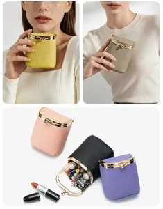 Pochette compacte en cuir véritable pour femmes, mini sac de rangement portable pour rouge à lèvres.
