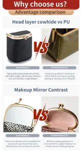 Porte-monnaie en cuir veritable avec miroir de maquillage sac de rangement de rouge à levres.