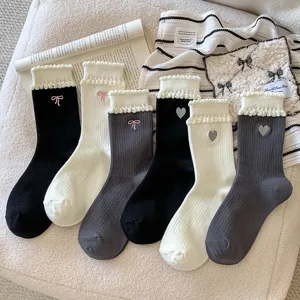 Sweet Bow Heart Embroidery Women Mid-Calf Socks Double Ribbed Ruffle Cuff Cotton Casual Fashion Hosiery