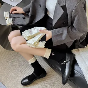 Sweet bubble cuff women's socks with cute bow embroidery, comfortable mid-tube cotton daily wear.