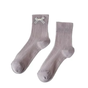 Calcetines hasta la pantorrilla con lazo para mujer, estilo japonés acanalado suave.