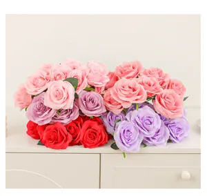 Close-up detail of artificial rose bouquet, Morandi colors, multi-head floral decor.