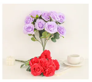 Artificial 9-head rose bouquet fake flowers Morandi purple red for wedding home decor