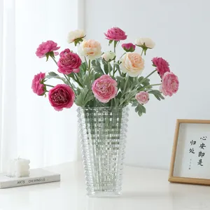 Bouquet di Fiori di Seta di Ranuncolo Floccato Artificiale con 3 Teste per Decorazione di Interni Soggiorno