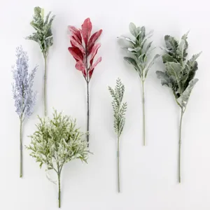 Artificial plant leaves detail view showing various flocked botanical stems and size specs.