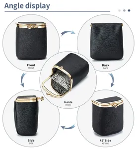 Détail en gros plan d'un sac baiser en cuir véritable noir sous plusieurs angles et intérieur.