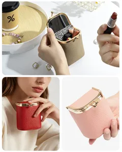 Véritable cuir baiser serrure rouge à lèvres sac vintage monnaie portefeuille trousse maquillage