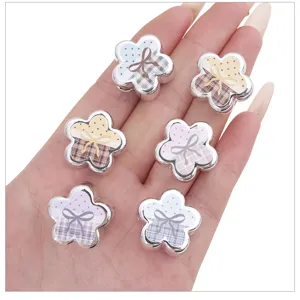Acrylic retro plaid polka dot 3D five petal flower beads for DIY jewelry bracelet making supplies