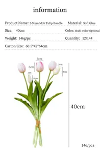 Artificial silicone tulip bundle, 5 stems 40cm tall, soft rubber faux flowers for home decor.