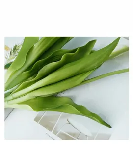 Close-up detail of artificial tulip leaves, realistic silicone texture, natural green color shade.