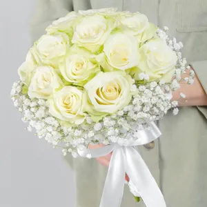 Artificial white rose baby's breath bouquet for wedding home decoration fake flower