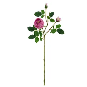 Fiore di rosa Austin artificiale, ramo singolo con tre teste, finto fiore rosa per la casa.