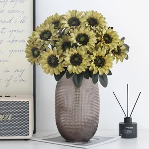 Artificial sunflower bouquet in textured glass vase home decor realistic floral arrangement for wedding