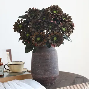 Artificial dark sunflower bouquet with retro vase, perfect for home decor and wedding setup.