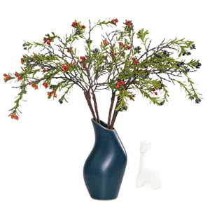 Artificial firethorn berry branches with dark blue ceramic vase home decor main view.
