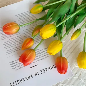 Artificial 5-stem soft silicone tulip bouquet for living room tabletop home decor and gift.